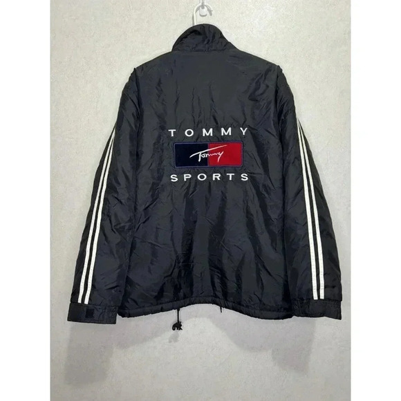 VTG TOMMY HILFIGER Mens Black Nylon Jacket Fleece Lined Medium Spellout Y2k READ - Picture 3 of 15